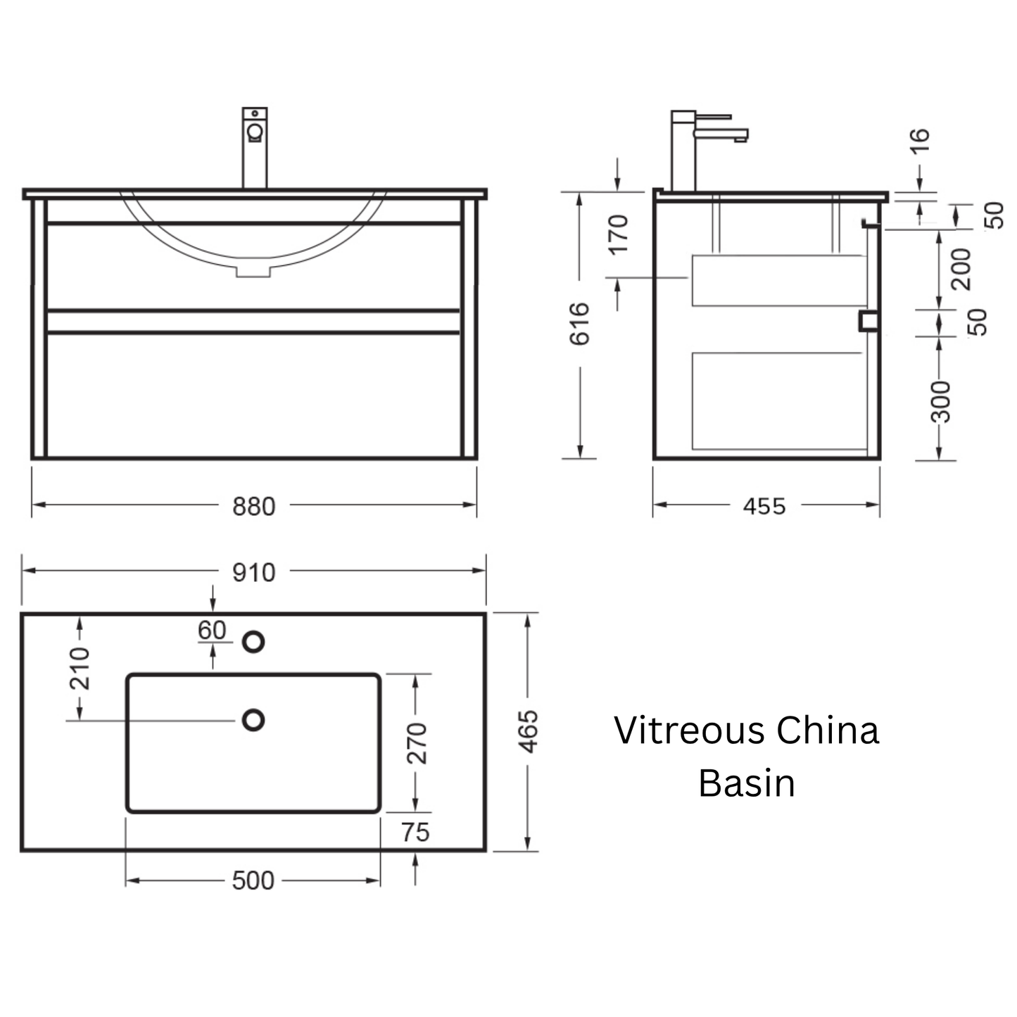 Elementi Novara 2 Drawer Wall Hung Vanity 900mm | Available in 11 Colours