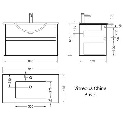 Elementi Novara 2 Drawer Wall Hung Vanity 900mm | Available in 11 Colours