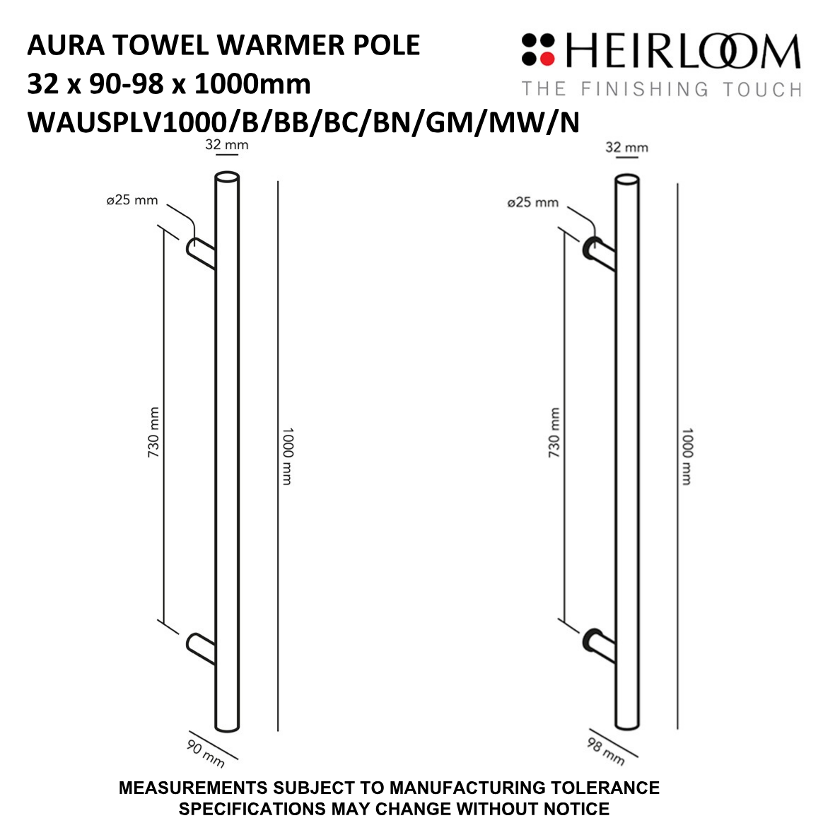 Heirloom Aura Pole Towel Warmer 1000mm | Available in 8 Colours