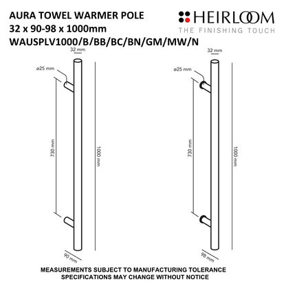 Heirloom Aura Pole Towel Warmer 1000mm | Available in 8 Colours
