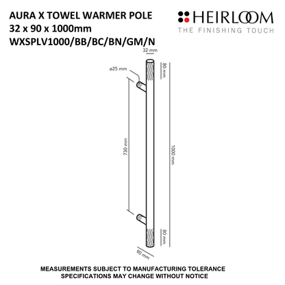 Heirloom Aura X Pole Towel Warmer 1000mm | Available in 8 Colours