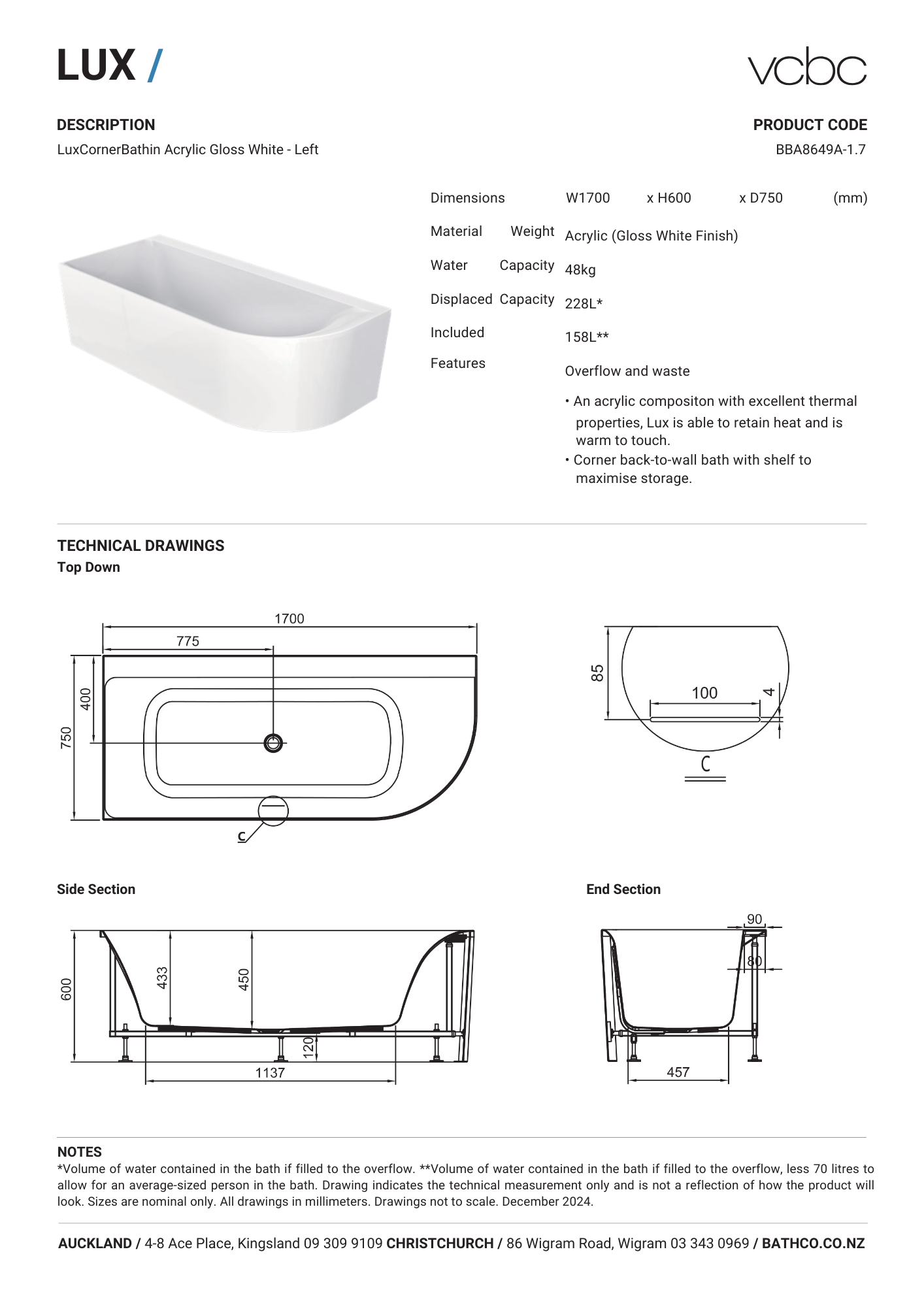 VCBC Lux Corner Back To Wall Bath (Left Corner) 1700mm