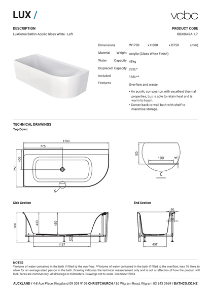 VCBC Lux Corner Back To Wall Bath (Left Corner) 1700mm