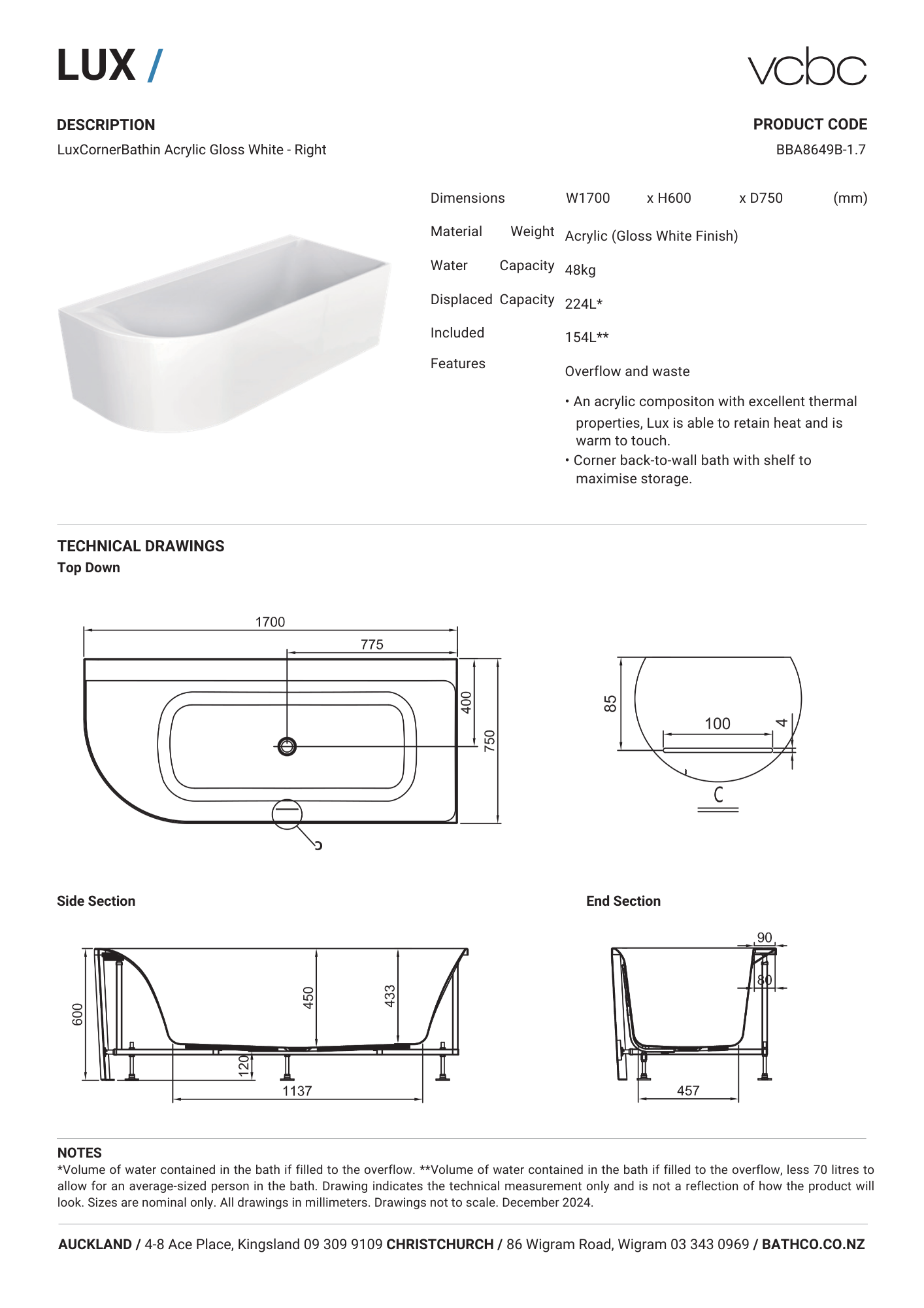 VCBC Lux Corner Back To Wall Bath (Right Corner) 1700mm