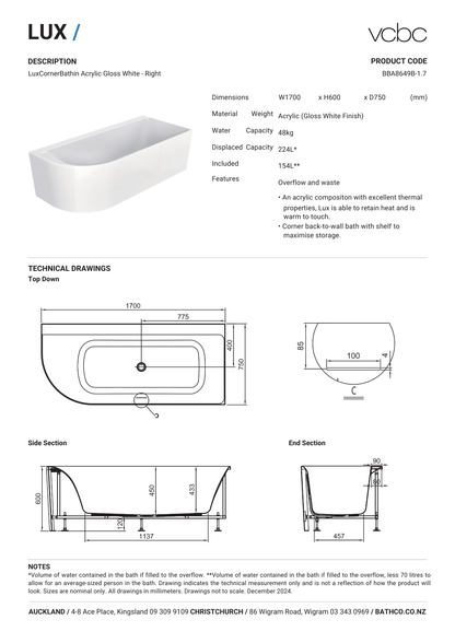 VCBC Lux Corner Back To Wall Bath (Right Corner) 1700mm