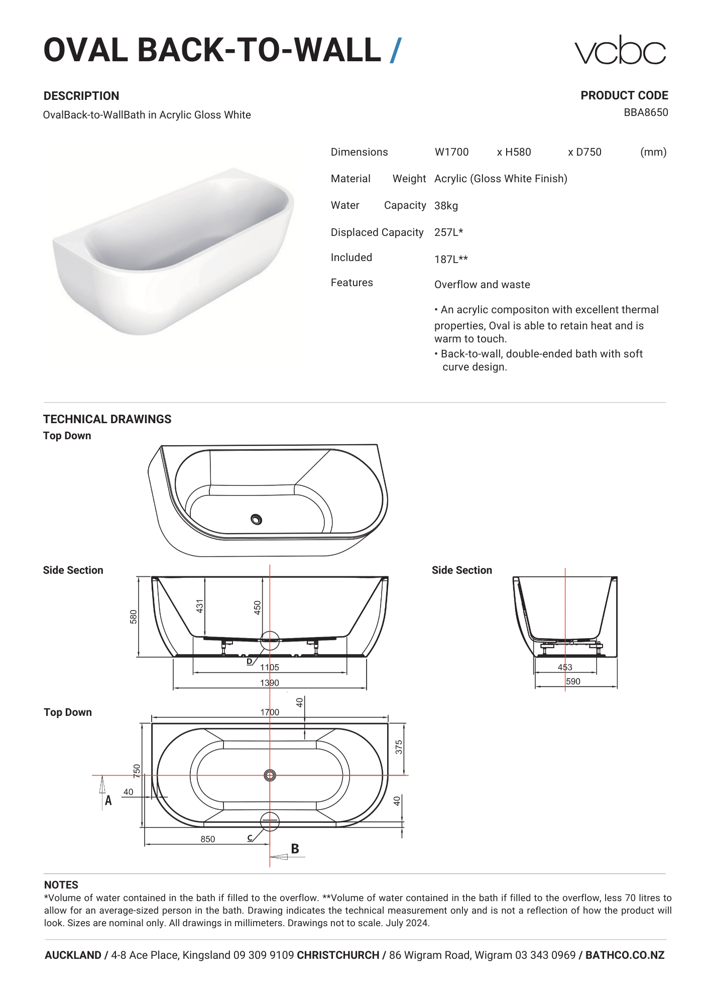 VCBC Oval Back To Wall Bath 1700mm | Available in 2 Colours