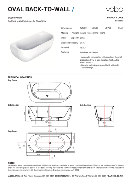 VCBC Oval Back To Wall Bath 1700mm | Available in 2 Colours