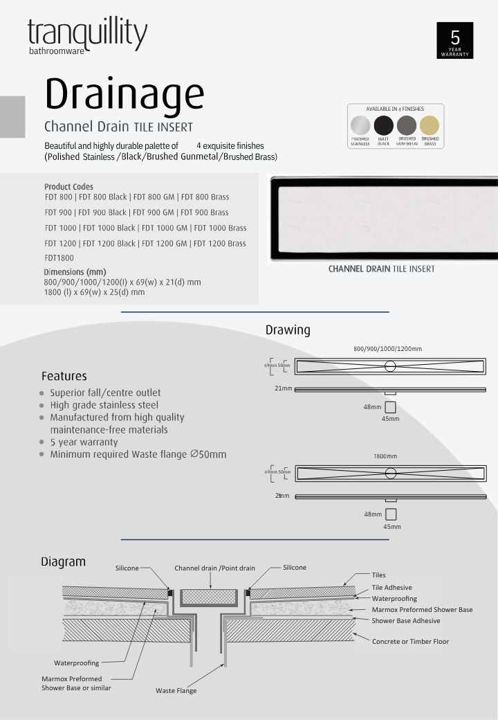 Tranquillity Tile Insert Channel Drain 1800mm | Brushed Stainless