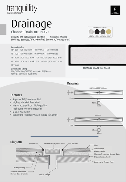 Tranquillity Tile Insert Channel Drain 1800mm | Brushed Stainless