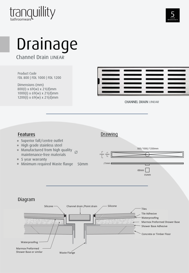 Tranquillity Linear Channel Drain | Polished Stainless - Available in 3 Sizes