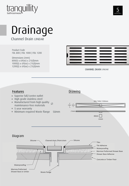 Tranquillity Linear Channel Drain | Polished Stainless - Available in 3 Sizes