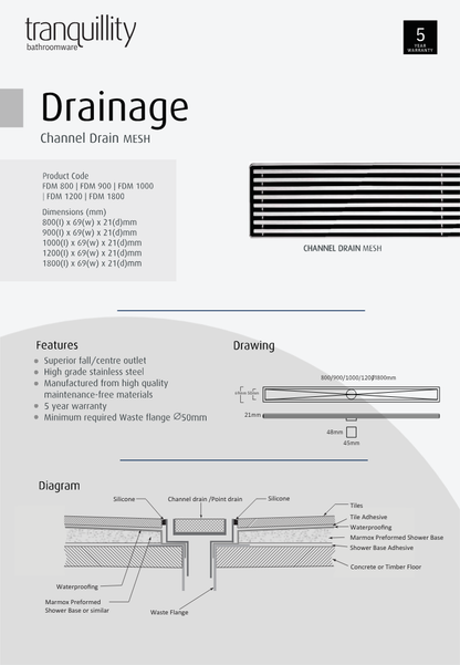 Tranquillity Mesh Channel Drain - Polished Stainless | Available in 5 Sizes