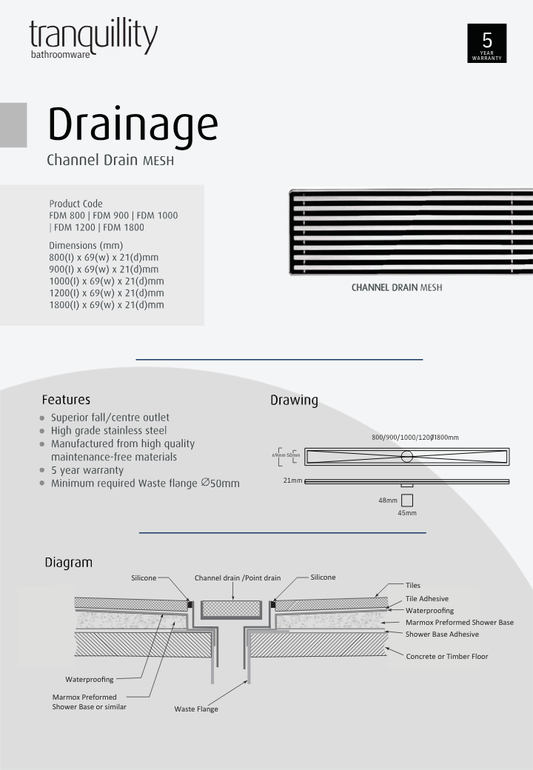 Tranquillity Mesh Channel Drain - Polished Stainless | Available in 5 Sizes