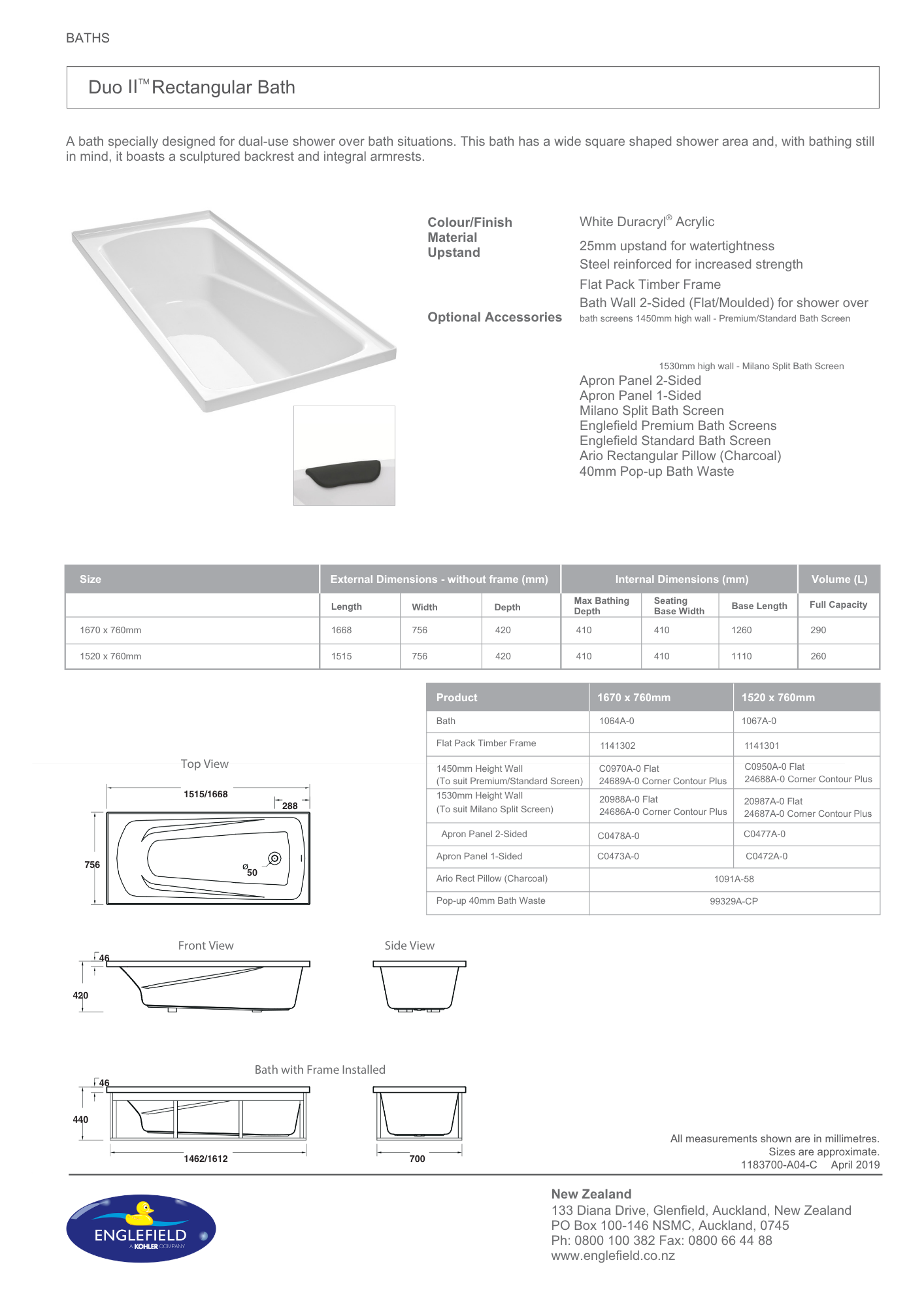 Englefield Duo II Shower Over Bath Combo 1670mm with Single Bath Screen