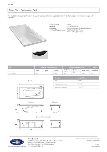 Englefield Studio II Rectangular Bath 1670mm