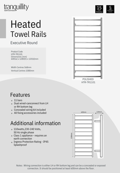 Tranquillity Executive 11 Bar Round Heated Towel Rail - 3 Colour Options