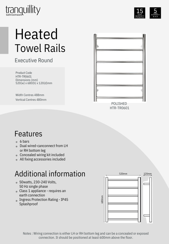 Tranquillity Executive Round 6-Bar Heated Towel Rail | 680 x 520mm - Polished Stainless