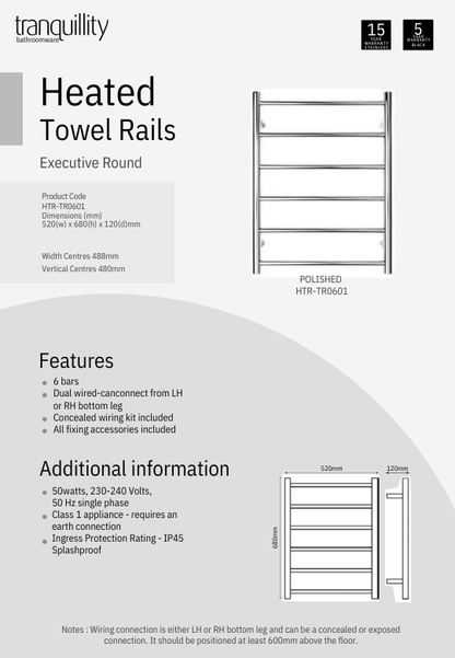 Tranquillity Executive Round 6-Bar Heated Towel Rail | 680 x 520mm - Polished Stainless