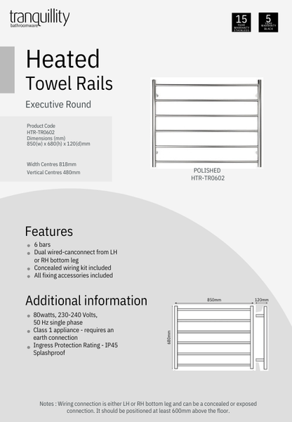 Tranquillity Executive 6 Bar Round Heated Towel Rail (Width: 850mm) - Polished Stainless