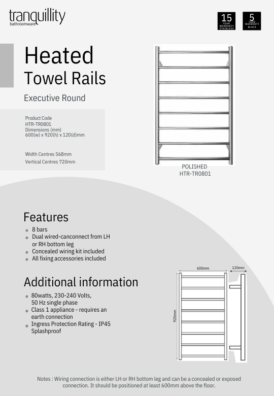 Tranquillity Executive 8 Bar Round Heated Towel Rail - 3 Colour Options