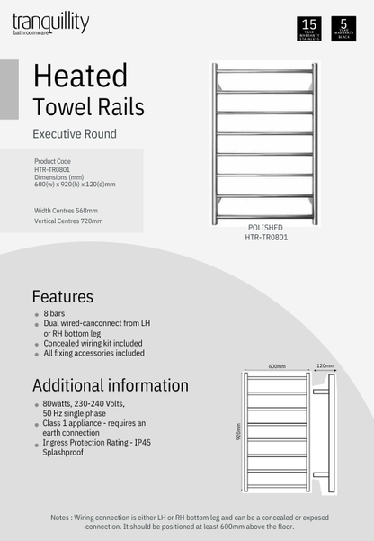 Tranquillity Executive 8 Bar Round Heated Towel Rail - 3 Colour Options