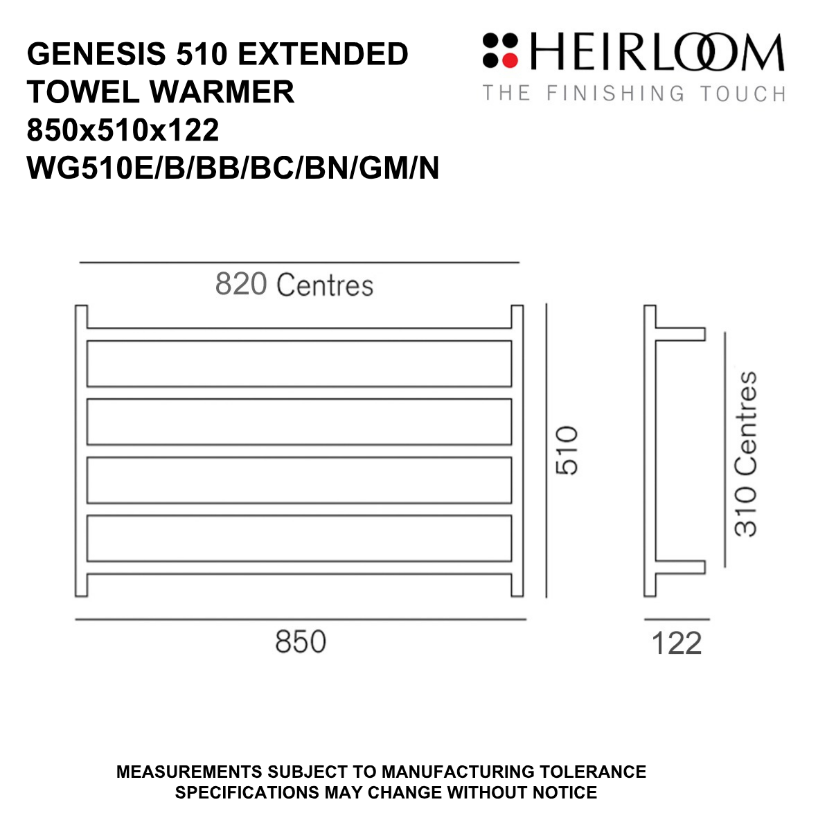 Heirloom Genesis Extended Heated Towel Rail | 510 x 850mm - Available in 7 Colours