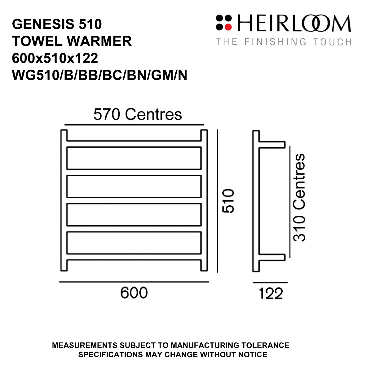 Heirloom Genesis Heated Towel Rail | 510 x 600mm - Available in 7 Colours