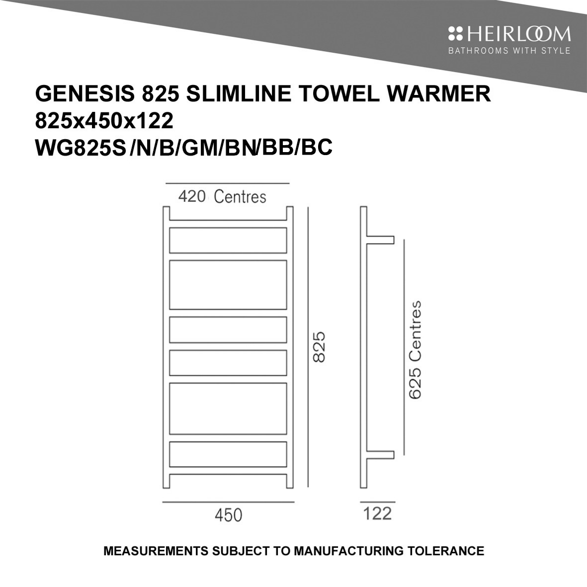 Heirloom Genesis Slimline Heated Towel Rail | 825 x 450mm - Available in 7 Colours