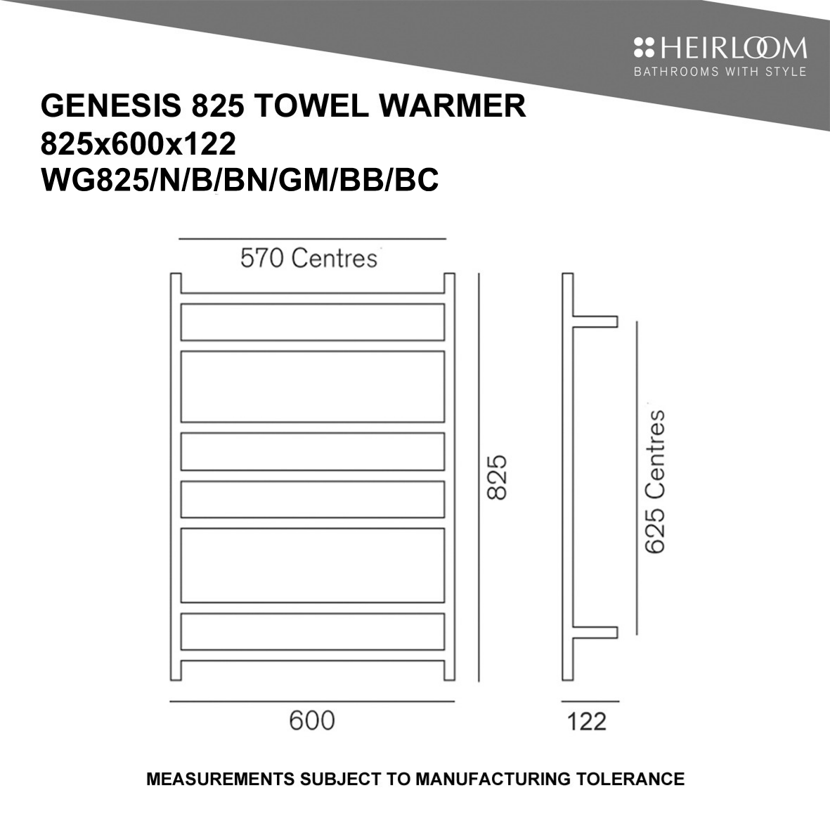 Heirloom Genesis Heated Towel Rail 825 x 600mm | Available in 7 Colours