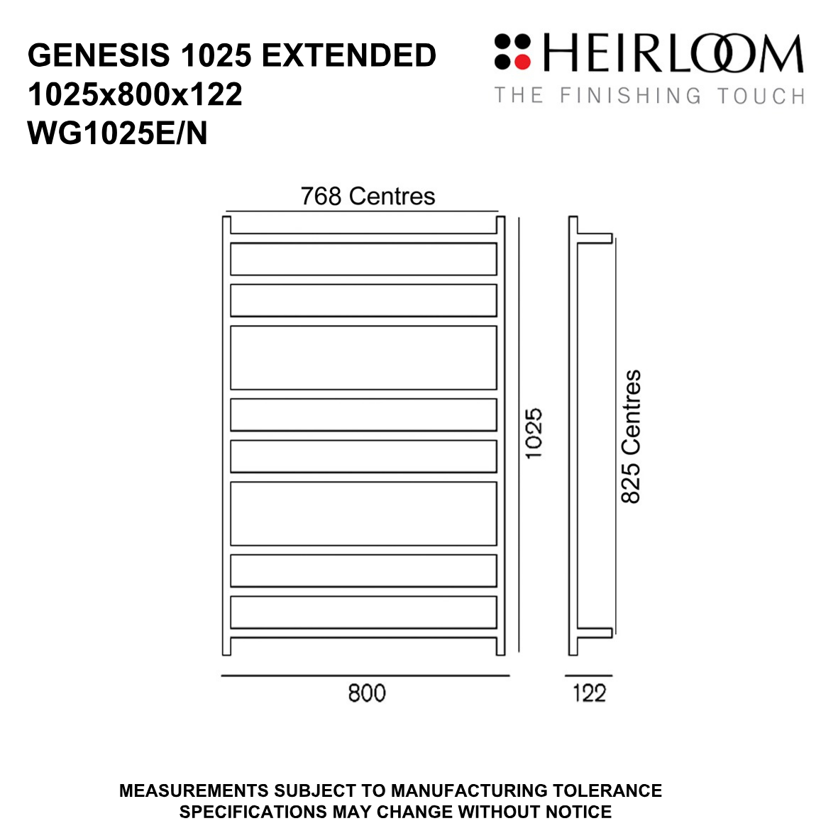 Heirloom Genesis Extended Heated Towel Rail | 1025 x 800mm - Available in 2 Colours
