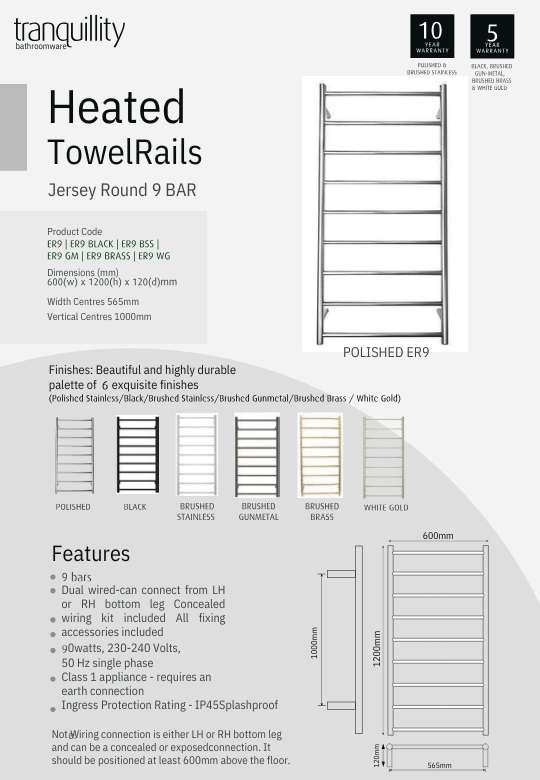 Tranquillity Jersey Round Heated Towel Rail - 3 Sizes / 6 Colour Options