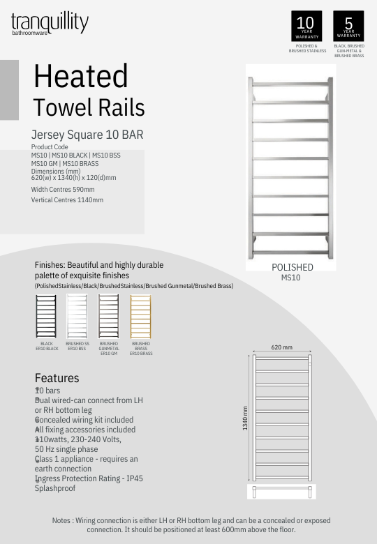 Tranquillity Jersey Square Heated Towel Rail | 1340 x 620mm - Available in 5 Colours