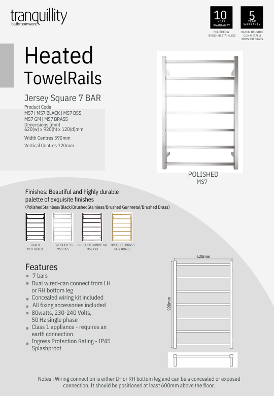 Tranquillity Jersey Square Heated Towel Rail | 920 x 620mm - Available in 5 Colours