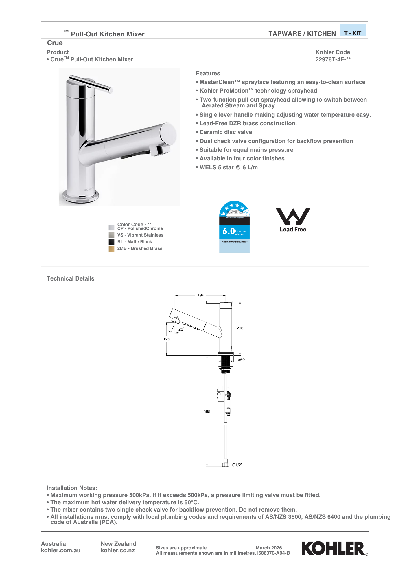 Kohler Crue Pull Out Kitchen Mixer | Available in 3 Colours
