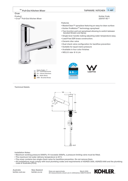 Kohler Crue Pull Out Kitchen Mixer | Available in 3 Colours