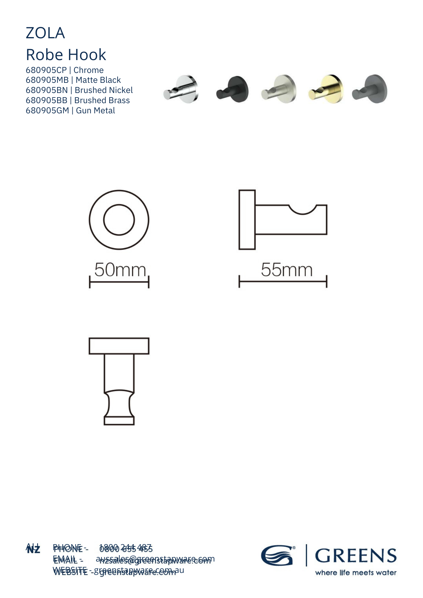 Greens Zola Robe Hook | Available in 5 Colours