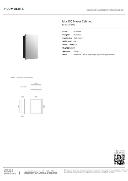 Mia Mirror Cabinet 450mm - 3 Colour Options