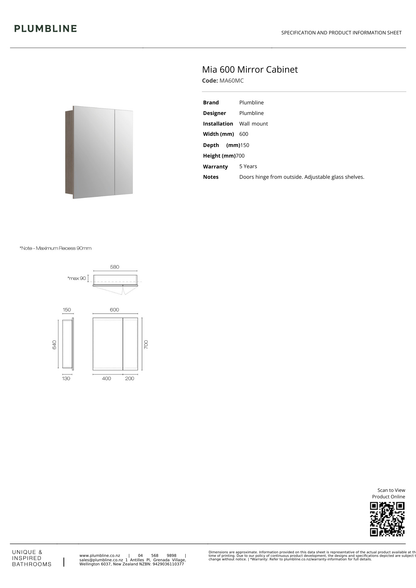Mia Mirror Cabinet 600mm - 3 Colour Options