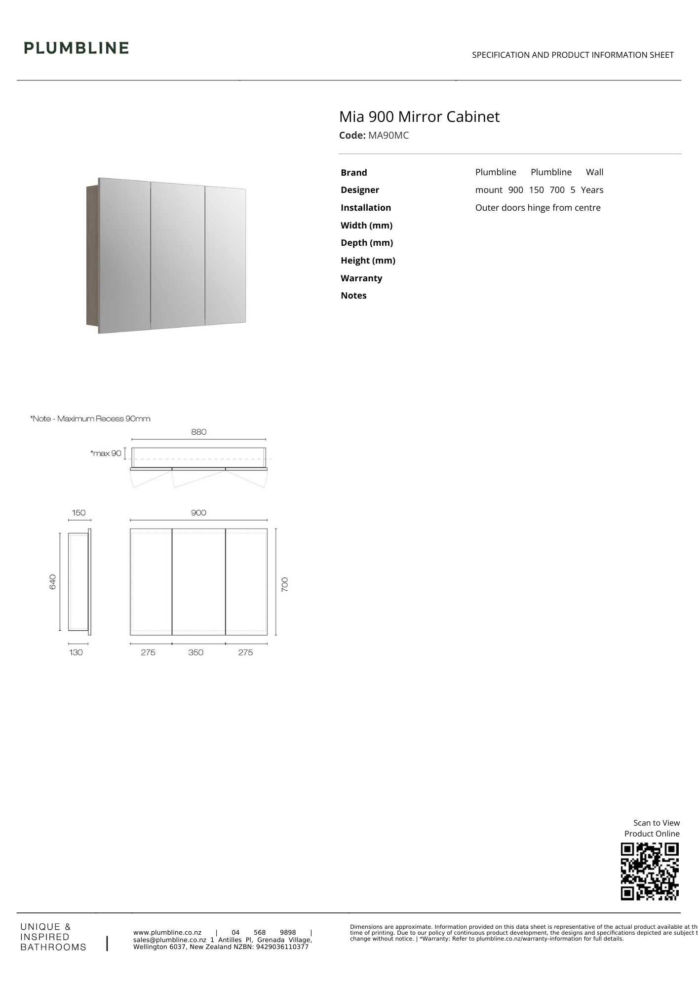Mia Mirror Cabinet 900mm - 3 Colour Options