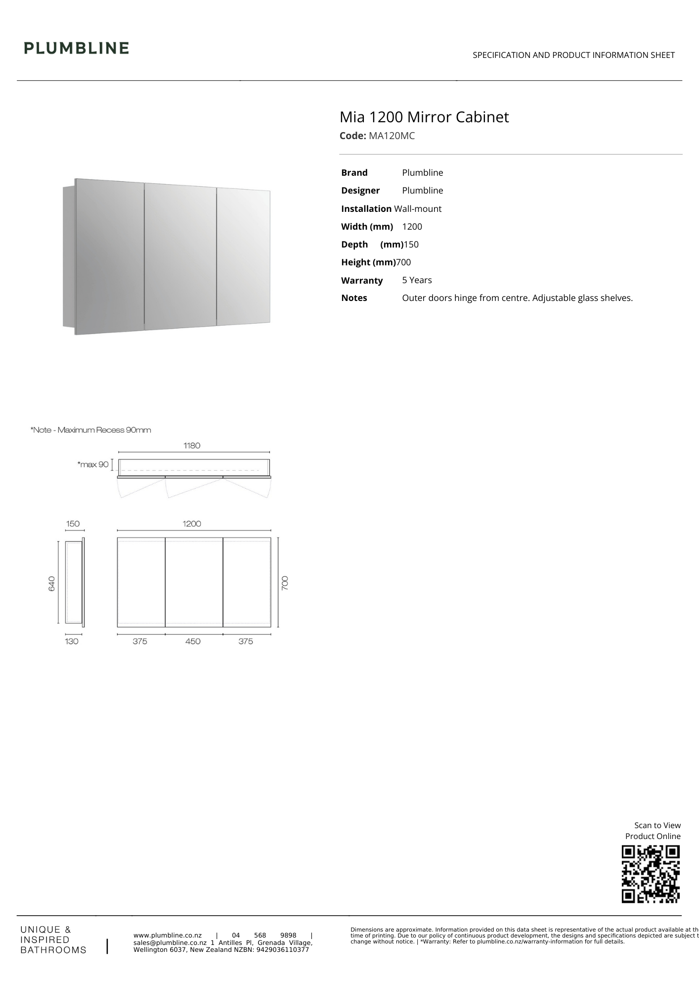 Mia Mirror Cabinet 1200mm - 3 Colour Options