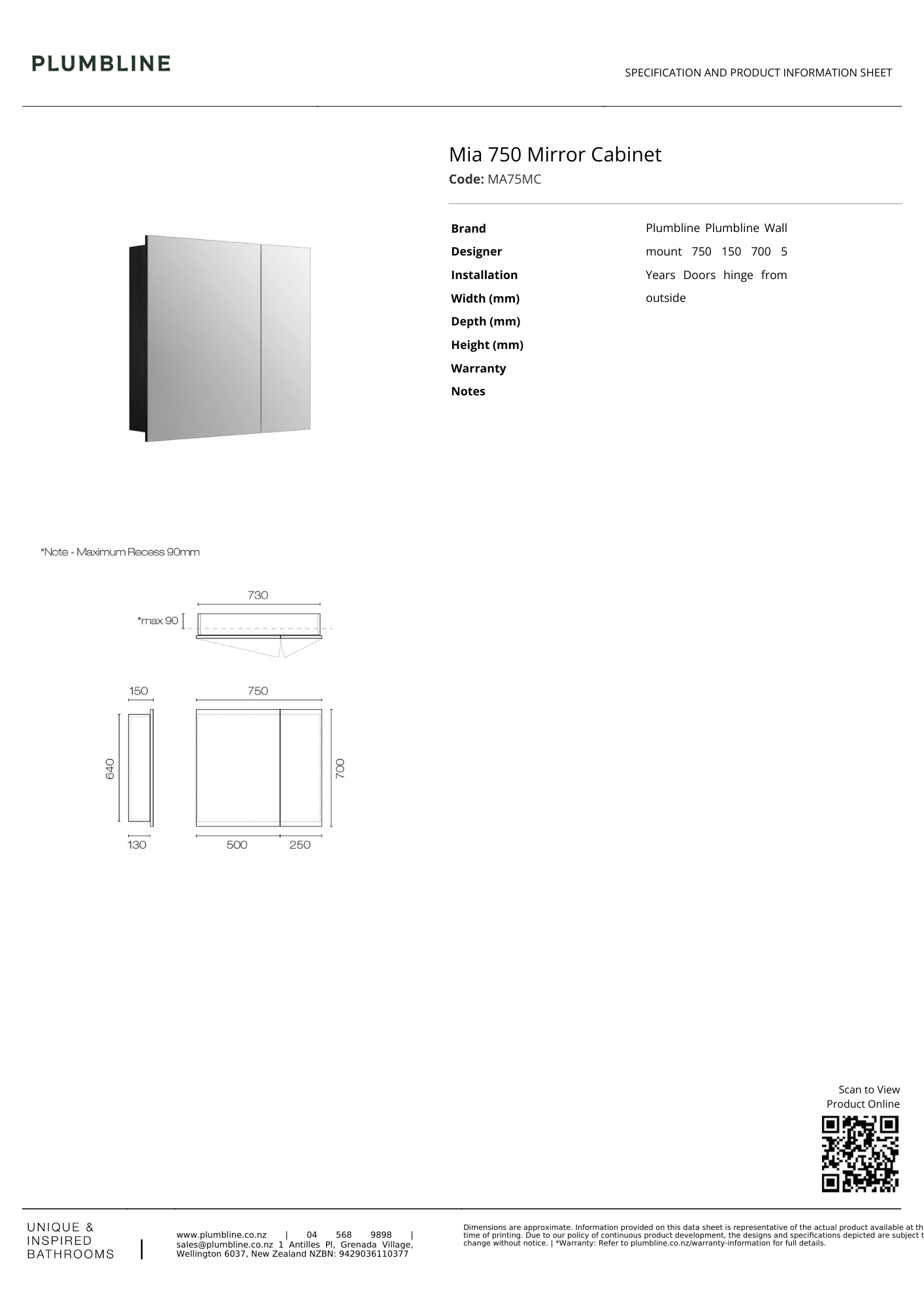 Mia Mirror Cabinet 750mm - 3 Colour Options