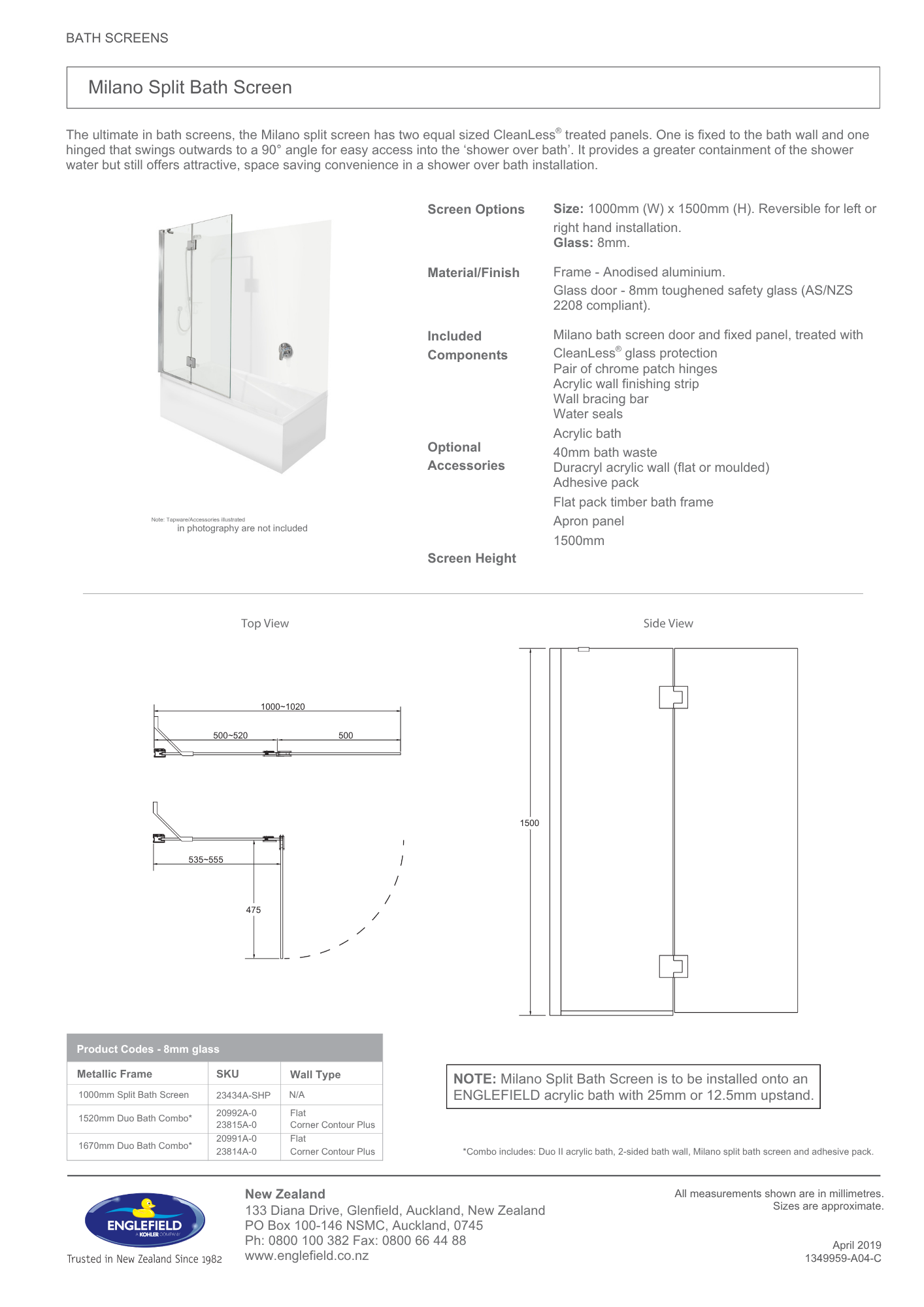 Englefield Duo II Shower Over Bath Combo 1520mm with Split Bath Screen