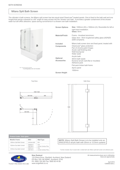 Englefield Duo II Shower Over Bath Combo 1520mm with Split Bath Screen