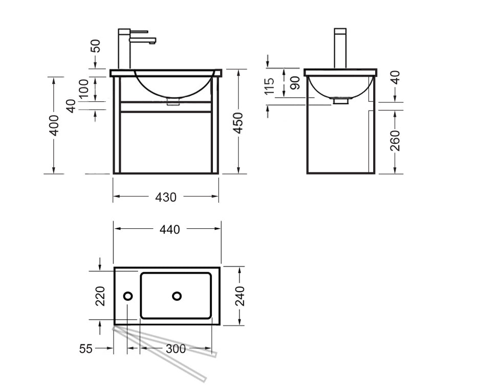 Elementi Novara Wall Hung Vanity 440mm - 11 Colour Options