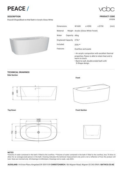 VCBC Peace Shaped Back To Wall Bath 1600mm | Available in 2 Colours
