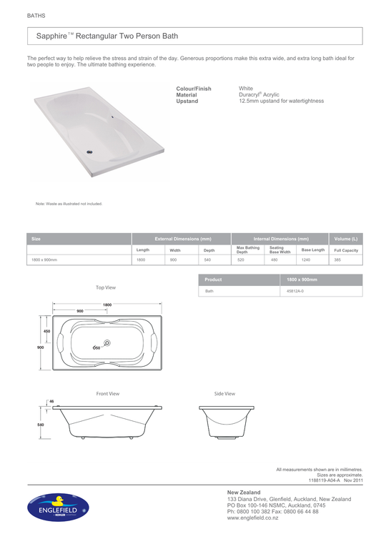 Englefield Sapphire Rectangular Bath 1800mm (2 person)