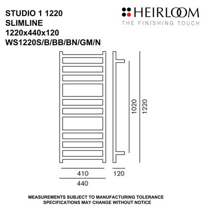 Heirloom Studio 1 Slimline Heated Towel Rail | 1220 x 440mm - Available in 6 Colours