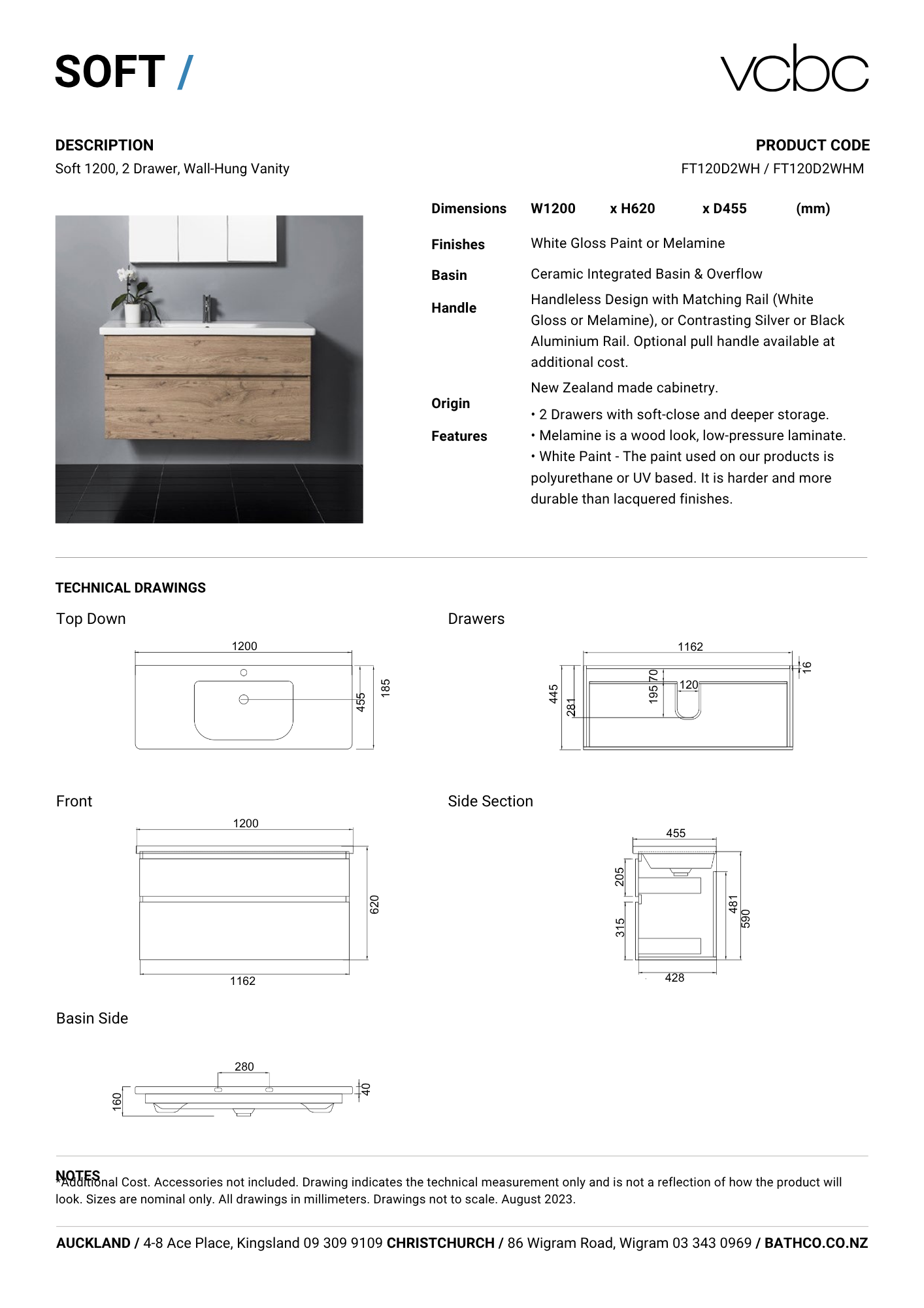 VCBC Soft 2 Drawer Wall Hung Vanity 1200mm | Available in 13 Colours