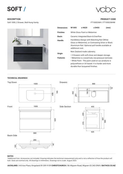 VCBC Soft 2 Drawer Wall Hung Vanity 1000mm | Available in 13 Colours