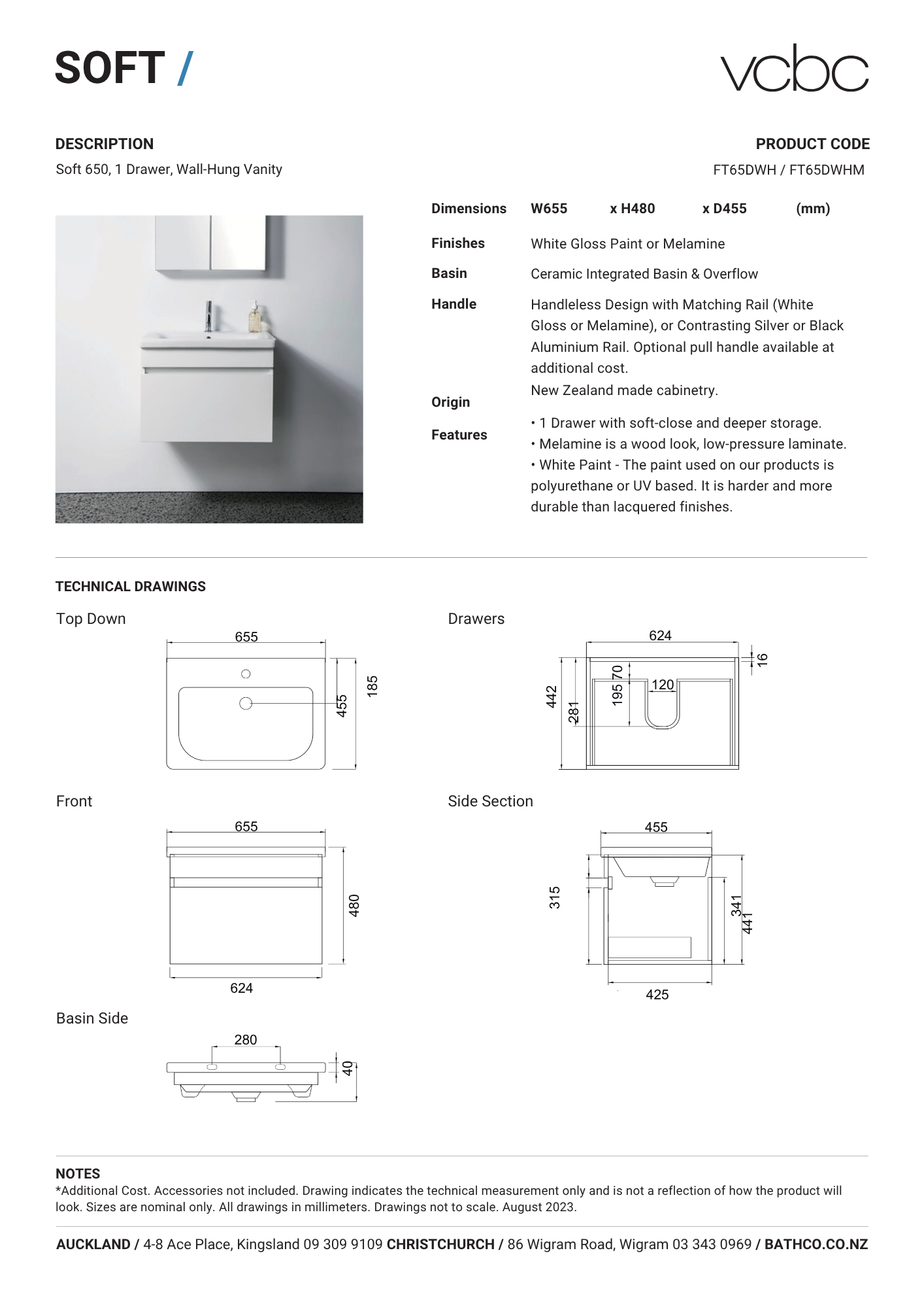 VCBC Soft 1 Drawer Wall Hung Vanity - 5 Sizes / 13 Colour Options